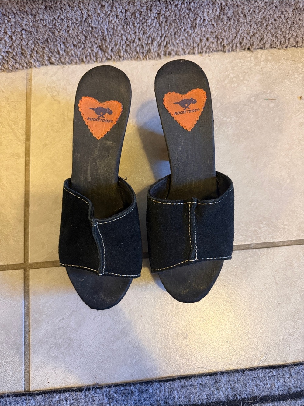 Rocket Dog Black Suede Slide Mules with Orange Heart Insole